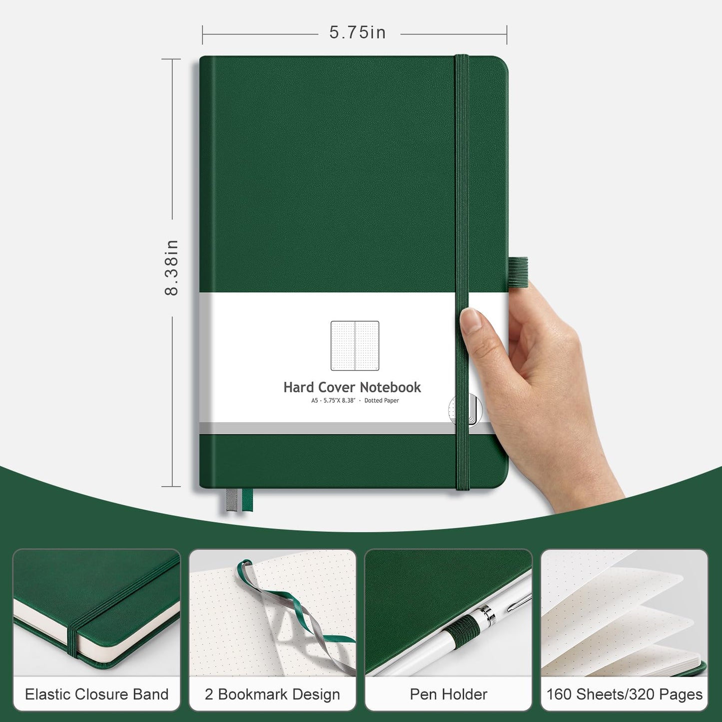 AHGXG Dotted Journal, 320 Numbered Pages Dot Grid Notebook A5 Thick Journal, 100gsm Thick Dotted Paper, Leather Hardcover, Inner Pocket, 5.7"×8.3" - Green