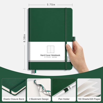 AHGXG Dotted Journal, 320 Numbered Pages Dot Grid Notebook A5 Thick Journal, 100gsm Thick Dotted Paper, Leather Hardcover, Inner Pocket, 5.7"×8.3" - Green