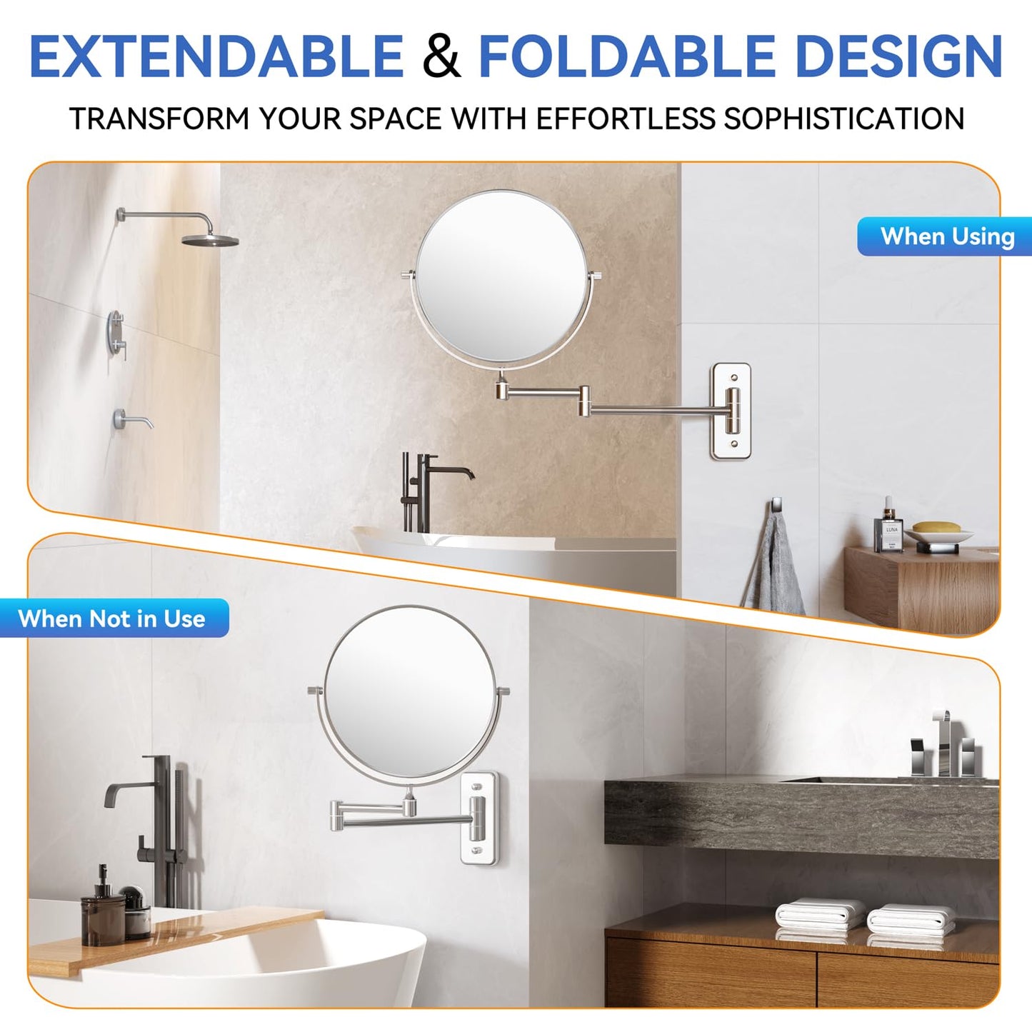 Auxmir 20X/1X Wall Mounted Makeup Mirror, 8" Double-Sided Magnifying Mirror with Tweezers, Bathroom Vanity Makeup Mirror, Cosmetic Mirror with 360° Swivel Extendable Arm, Chrome