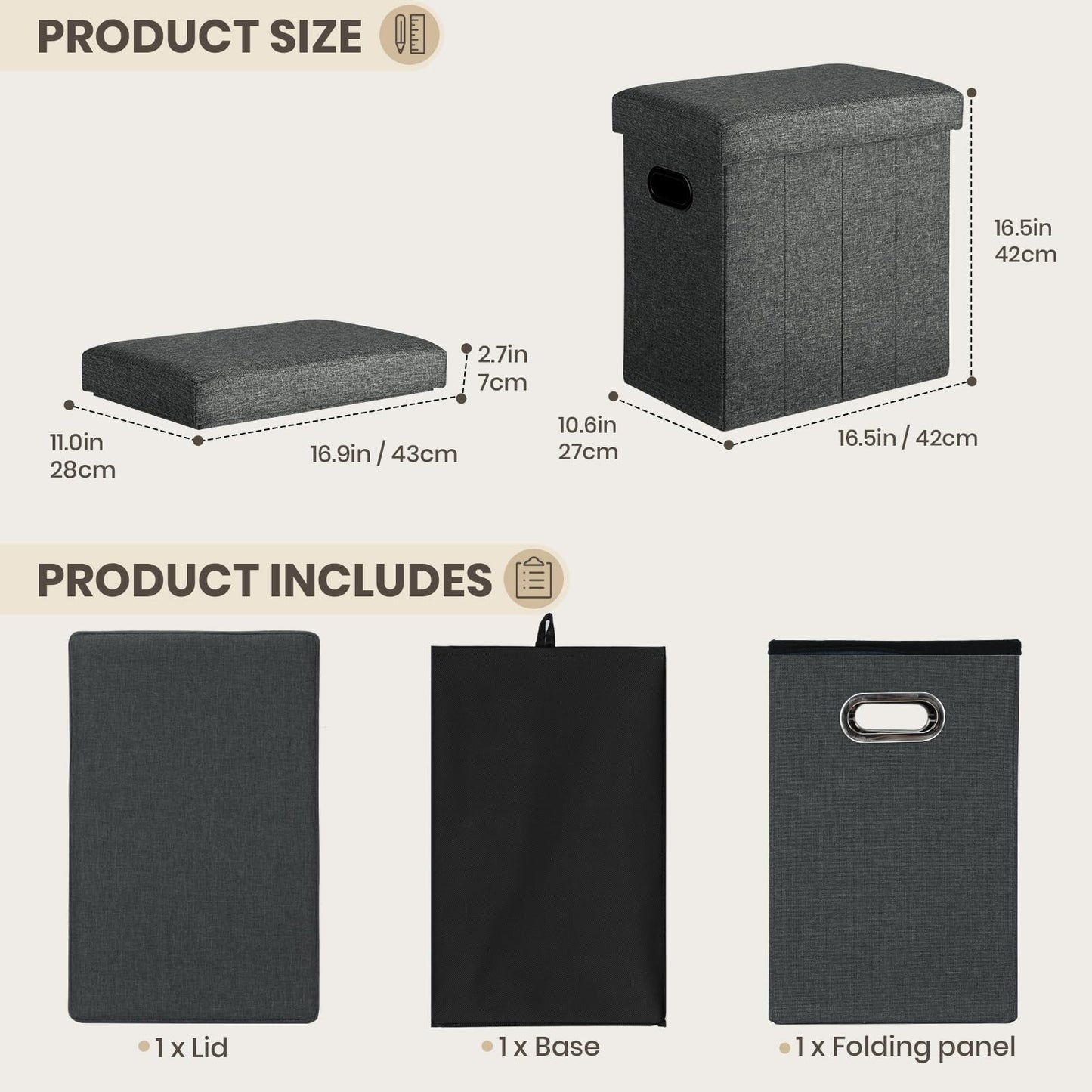 COSYLAND Tall Ottoman with Storage - 42x27x42 CM Slim Ottoman Footrest Foot Stool, Folding Small Ottoman Bench Seat with Handles and Lid for Narrow Space Beside The Sofa/Coffee Table (Black Gray)