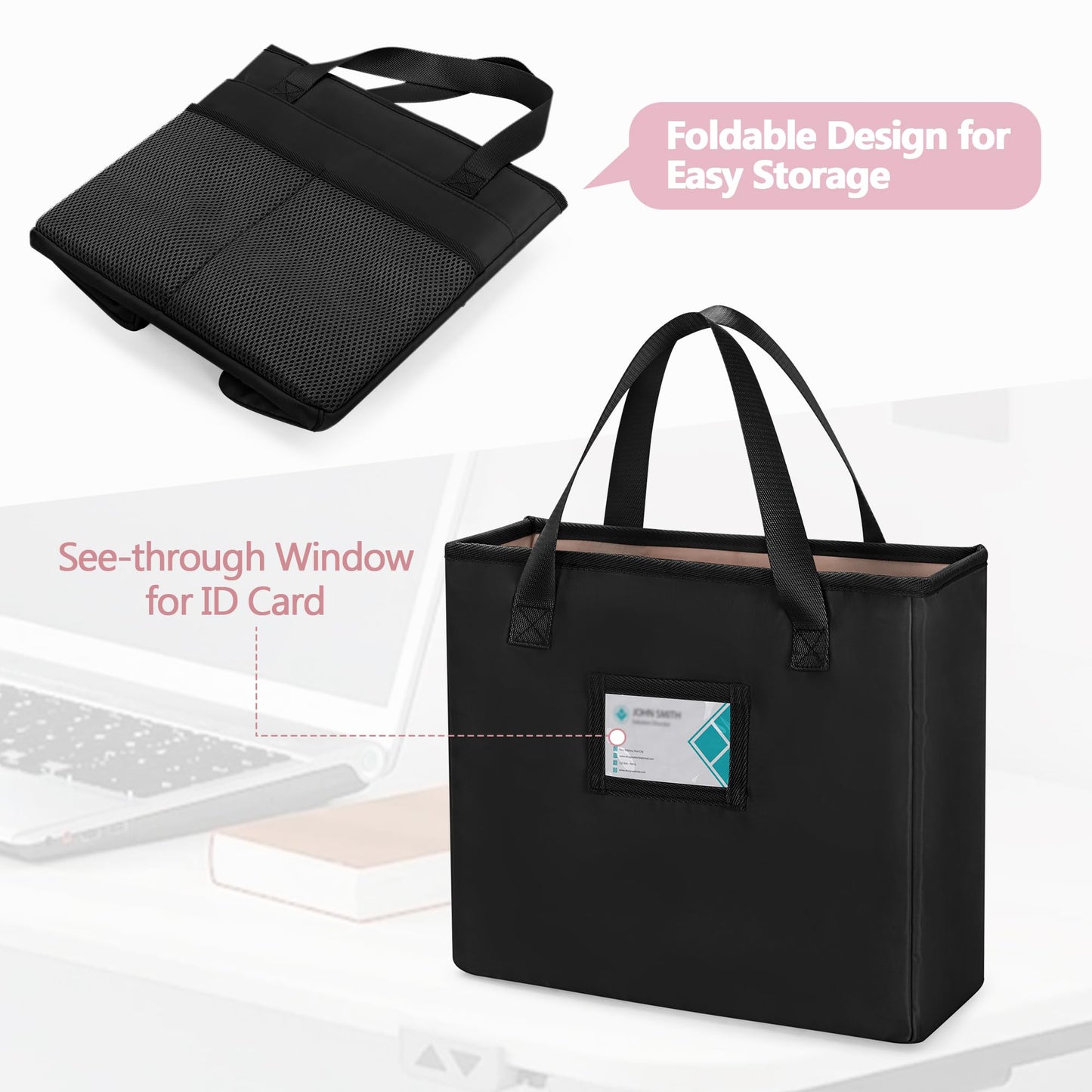 Prokva File Folder Tote Bag with Handle, Portable Document Organizer Box for Letter Size File Folder, Folding File Case for Home Office, Travel, Black, Empty Bag, Patent Design