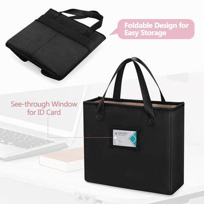 Prokva File Folder Tote Bag with Handle, Portable Document Organizer Box for Letter Size File Folder, Folding File Case for Home Office, Travel, Black, Empty Bag, Patent Design