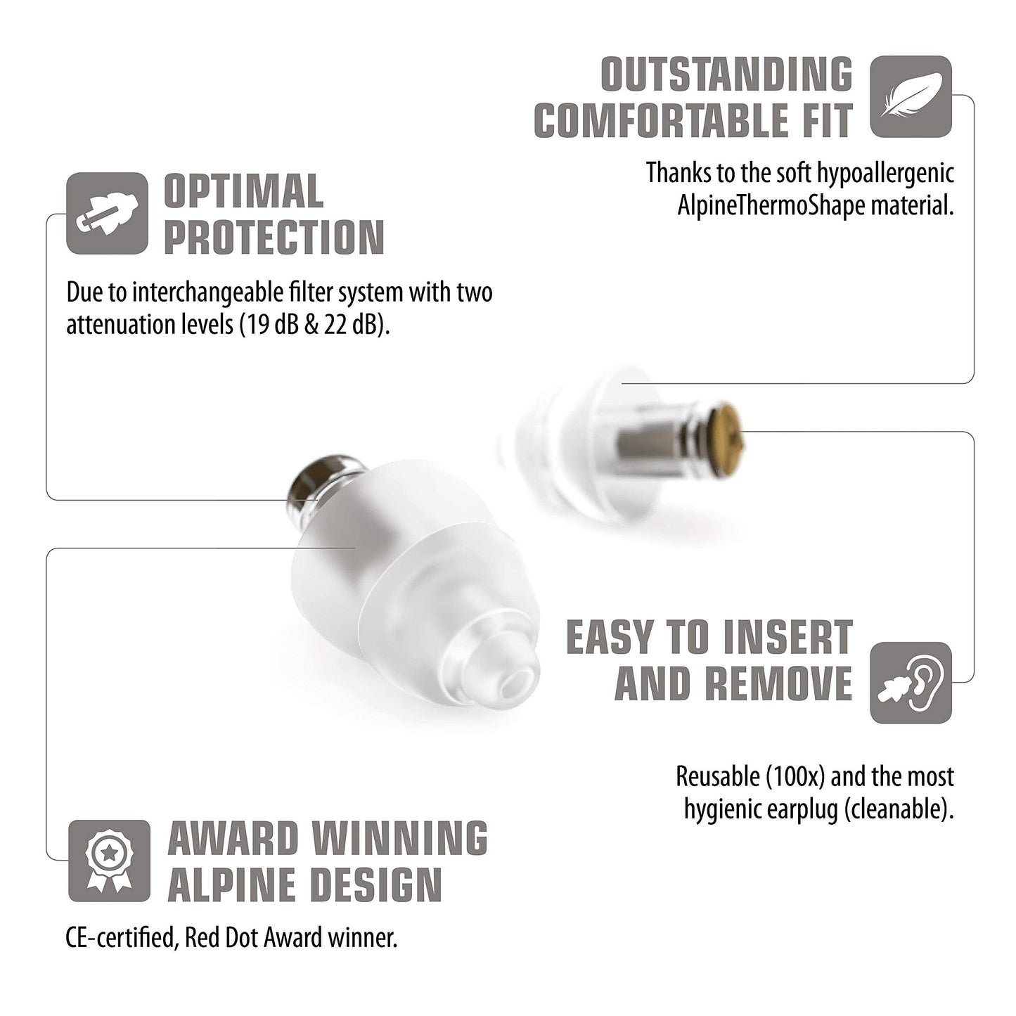Alpine MusicSafe High Fidelity Music Ear Plugs for Noise Reduction - 2 Interchangeable Filter Sets - Professional Musician Hearing Protection - Hypoallergenic Reusable Soft Transparent Earplugs