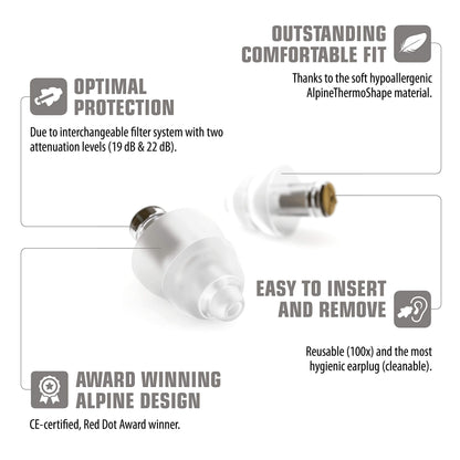 Alpine MusicSafe High Fidelity Music Ear Plugs for Noise Reduction - 2 Interchangeable Filter Sets - Professional Musician Hearing Protection - Hypoallergenic Reusable Soft Transparent Earplugs