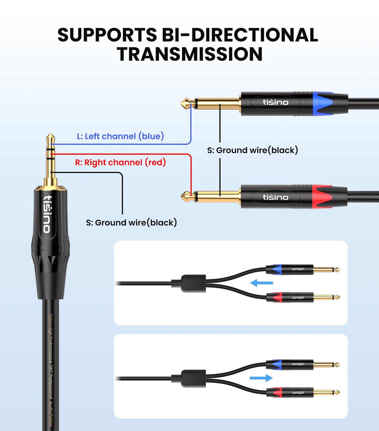 TISINO 1/8 to 1/4 Stereo Cable, 1/8 Inch TRS Stereo to Dual 1/4 inch TS Mono Y-Splitter Cable 3.5mm Aux Mini Jack to Jack Breakout Cord for Smartphone, CD Player, Speakers, Amplifiers - 10 feet