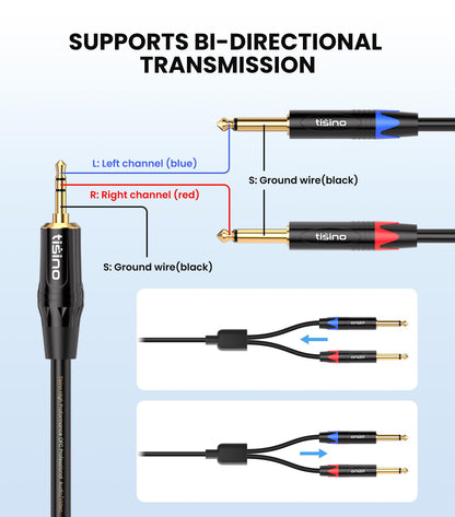 TISINO 1/8 to 1/4 Stereo Cable, 1/8 Inch TRS Stereo to Dual 1/4 inch TS Mono Y-Splitter Cable 3.5mm Aux Mini Jack to Jack Breakout Cord for Smartphone, CD Player, Speakers, Amplifiers - 10 feet