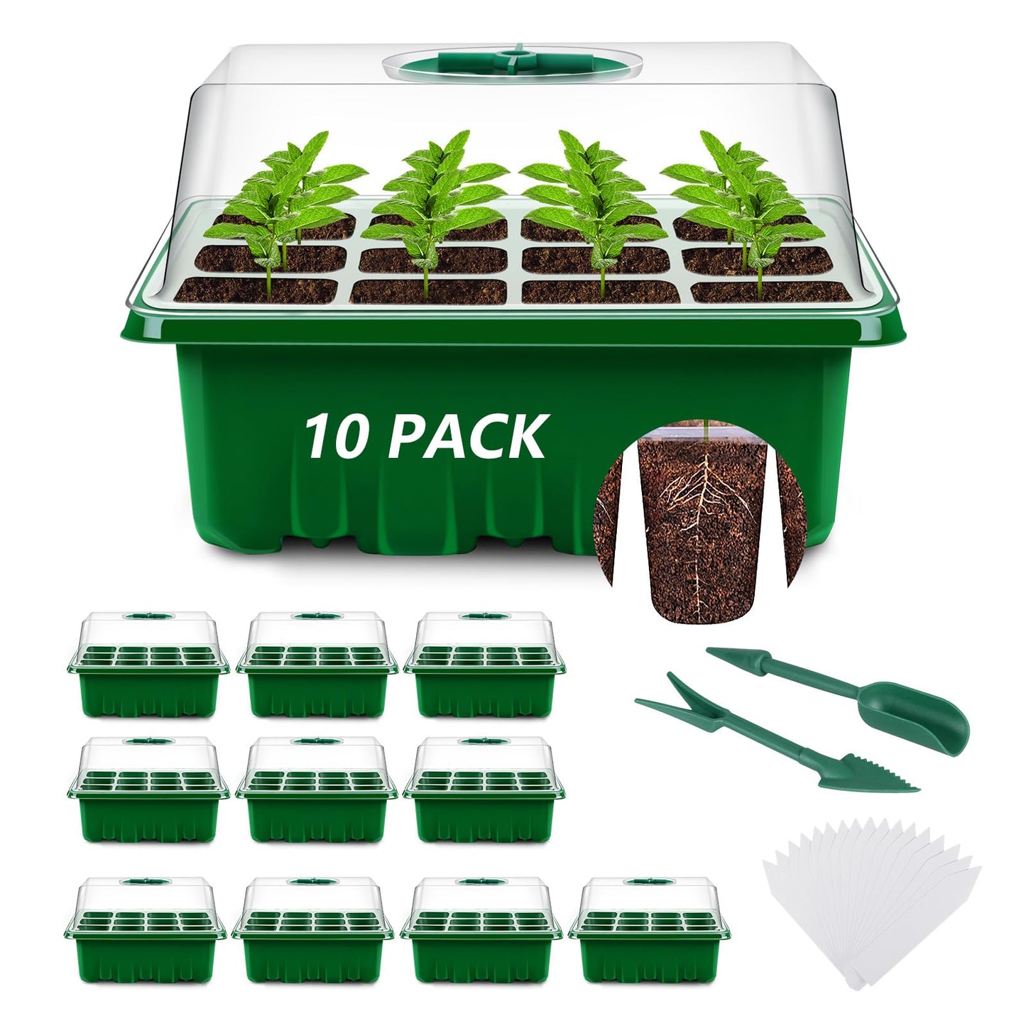YAUNGEL Seed Starter Trays, 10 Pack 120 Cells Thicken Seed Starting Tray Kit with Humidity Dome/Clear Lids Durable Growing Seedling Trays for Greenhouse & Gardens