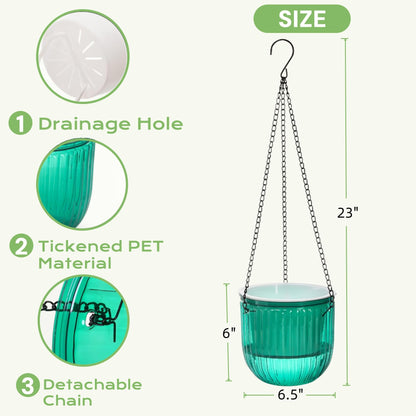 Pumtus 3 Pack Self Watering Hanging Planters, 6.5 Inch Hanging Flower Pot with Drainage Hole, Plastic Hanging Basket with 3 Hooks Chains, Plant Hanger for Indoor Outdoor Plants, Herbs (3 Colors)