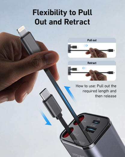 4 in 1 Retractable Car Charger, 4-in-1 Fast Car Phone Charger with 2 Retractable Cables 2.5FT and 2 USB Ports Compatible with i Phone 15/14/13/12/11 Pro Max/XR/XS,Galaxy,Pixel,iPad/iPod