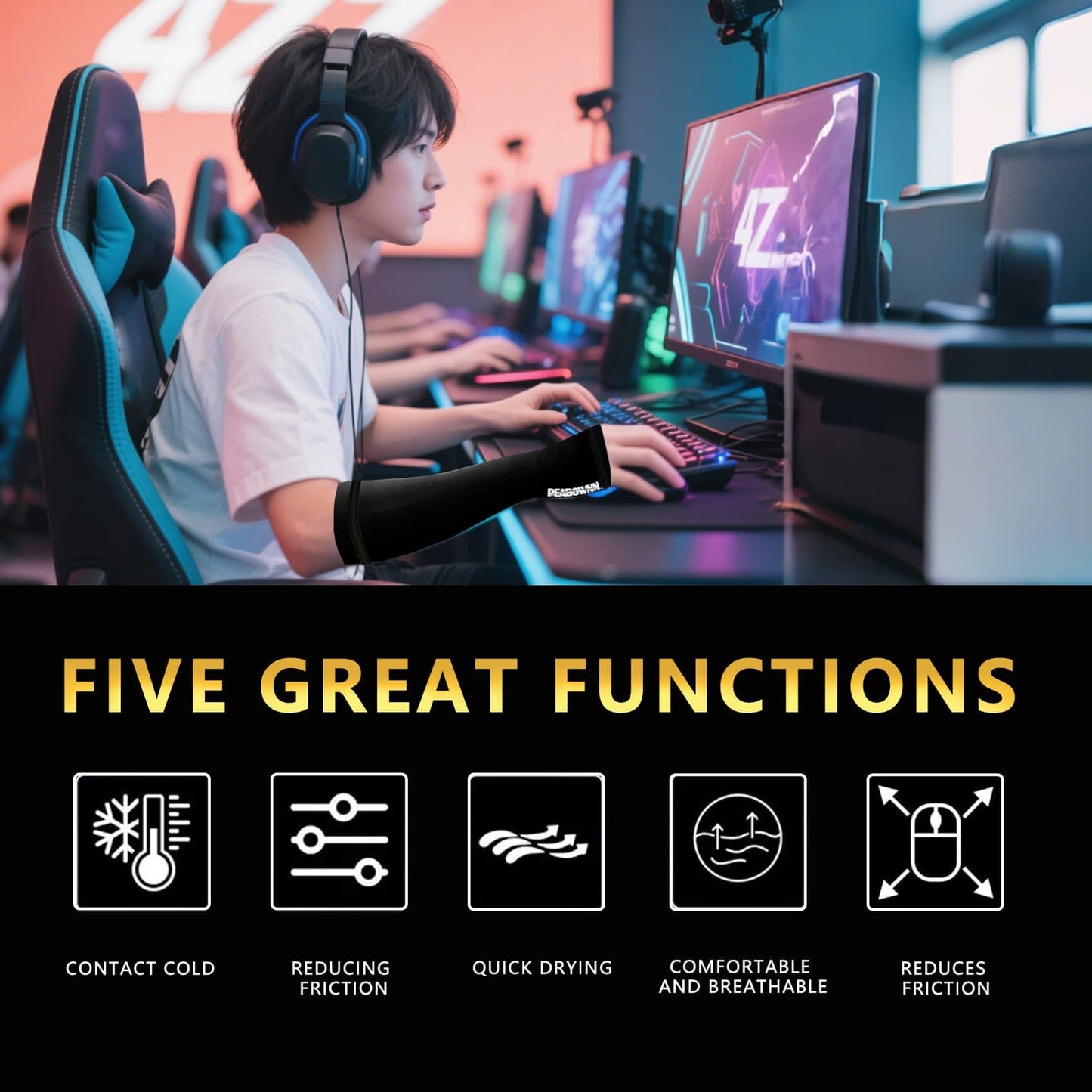 Peabownn Gaming Sleeve Short Arm Pc Reduces Friction & Fatigue Cooling Arm Sleeves for Men Women Gamers Accessories 1 PCS, Black, Small/Medium