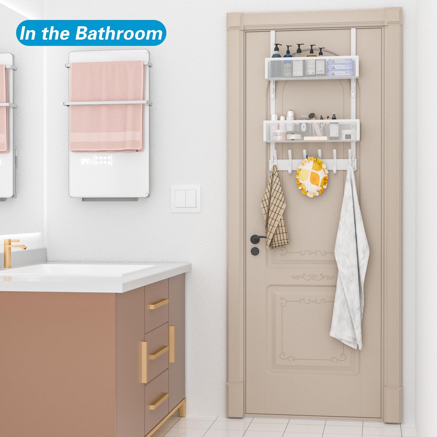 Aimeaihe Over The Door Hooks Organizer, 12 Coat Hooks & 2 Mesh Baskets, Over Door Organizer for Bathroom, Bedroom, Kitchen, Door Storage Hanging Bags, Hats, Purses, Coats White