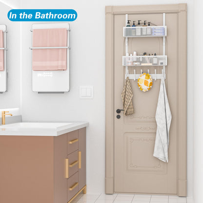 Aimeaihe Over The Door Hooks Organizer, 12 Coat Hooks & 2 Mesh Baskets, Over Door Organizer for Bathroom, Bedroom, Kitchen, Door Storage Hanging Bags, Hats, Purses, Coats White