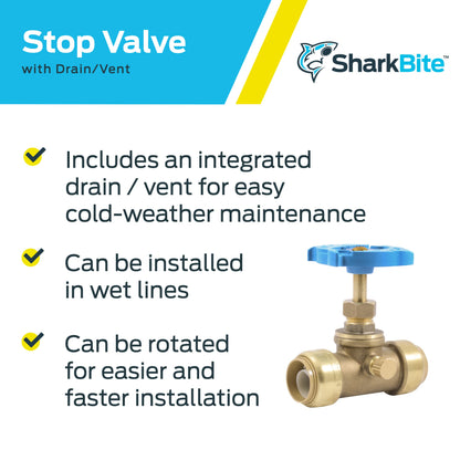 Sharkbite 24635LFA Stop Valve Drain, 3/4 Inch x 3/4 inch, Water Valve Shut Off, Push-to-Connect, PEX, Copper, CPVC, PE-RT