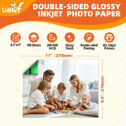 Uinkit 100 Sheets Double Sided Photo Paper Glossy 8.5x11 54lbs Inkjet for Dye Ink 200Gsm Value Bulk Pack Picture 8.5 x 11 9.5Mil for Inkjet Printing Printer (8.5x11inches-100sheets)
