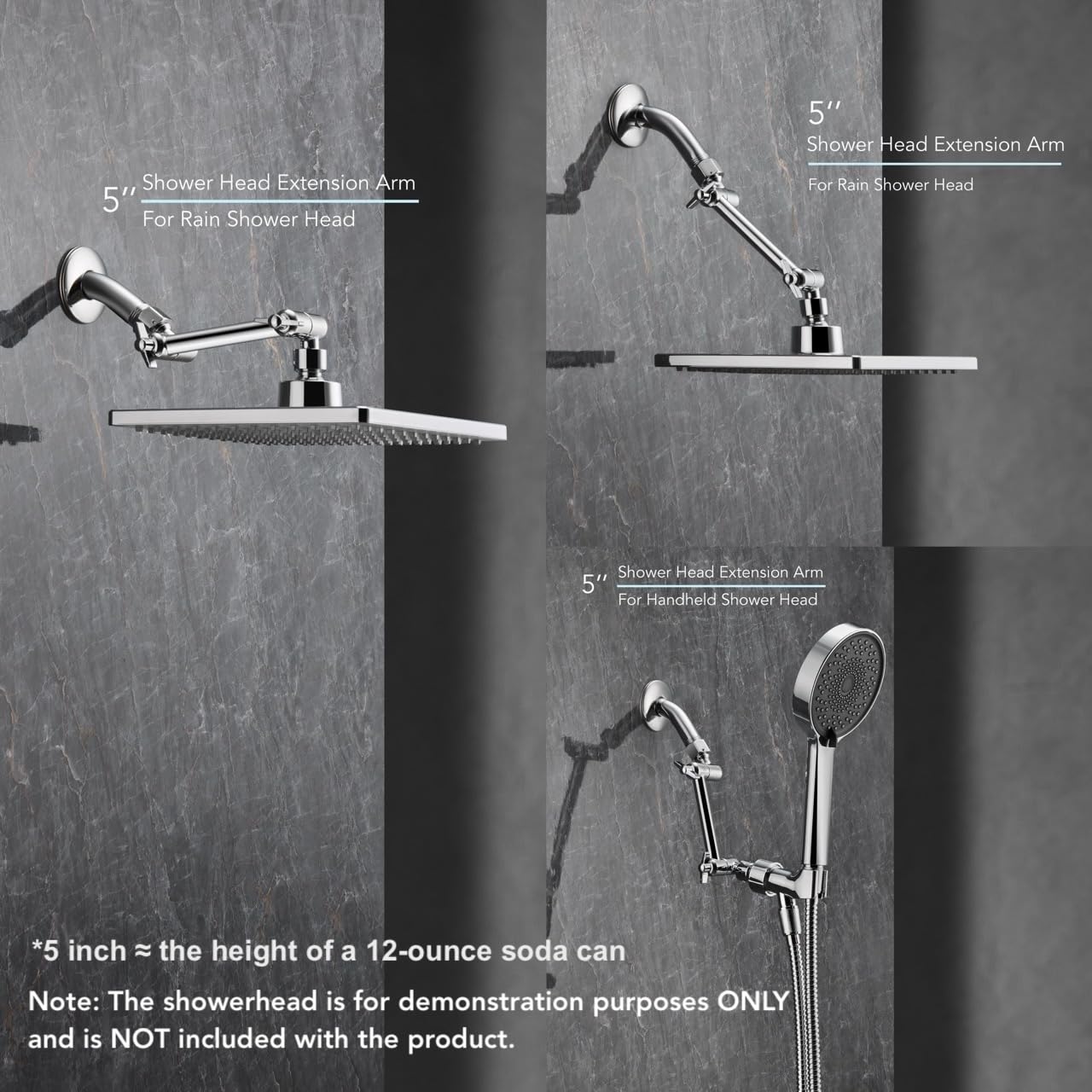 5 Inch Brass Adjustable Shower Head Extension Arm, with Locking Set Screw, Singing Rain Brass Chrome Angle Height Adjustable, Easy to Install, G1/2 Universal Connector Compatible (Chrome Finish)