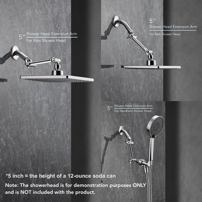 5 Inch Brass Adjustable Shower Head Extension Arm, with Locking Set Screw, Singing Rain Brass Chrome Angle Height Adjustable, Easy to Install, G1/2 Universal Connector Compatible (Chrome Finish)