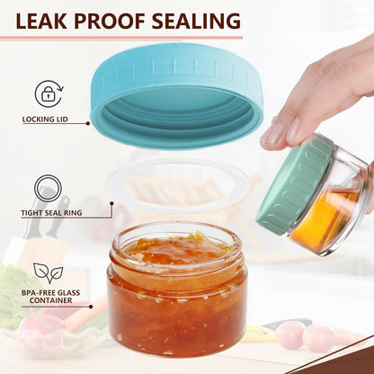 [6 Pack] Glass Salad Dressing Container to Go Glass Small Dipping Sauce Cups Glass Condiment with Lids Leakproof Reusable for Lunch Box Work Trip 2.7 Oz