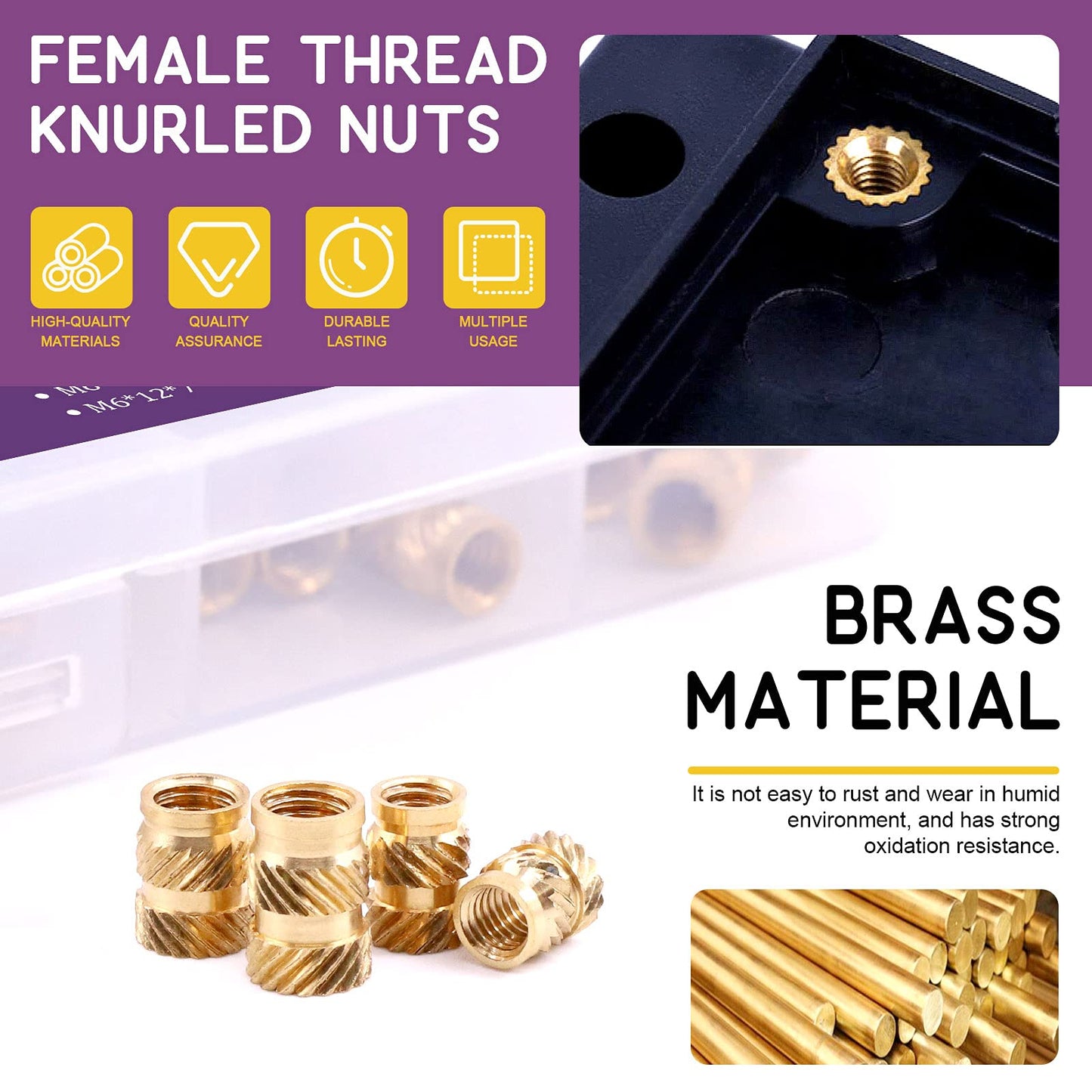 Swpeet 300Pcs 5 Values M2 M3 M4 M5 M6 Female Thread Knurled Nuts Brass Threaded Insert Embedment Nuts Hydraulic Welded Joint Injection Molding Assortment Kit Perfect for 3D Printing Injection Molding