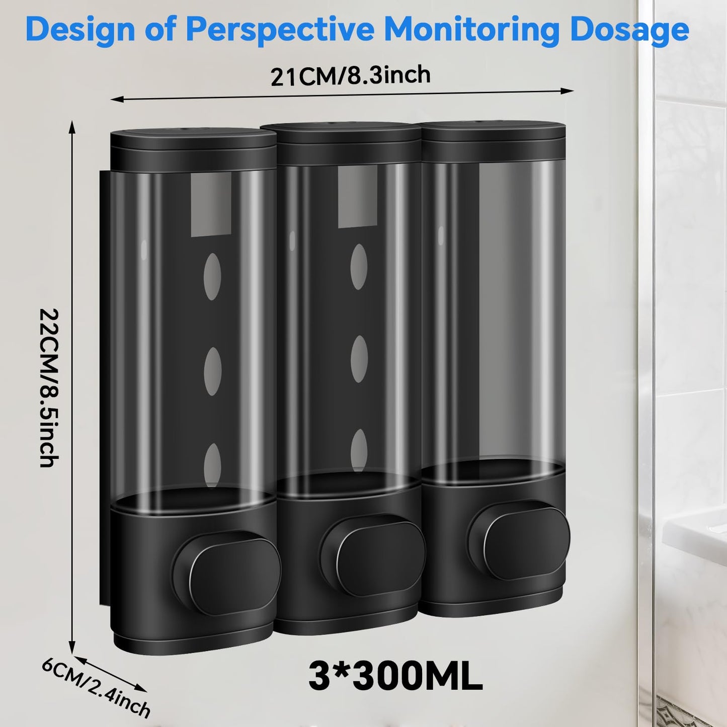 Volufia Shower Dispenser 3 Chamber No Drill, Shampoo Dispenser for Shower Wall, Shampoo and Conditioner Dispenser, Shower Soap Dispenser Bathroom 3x300ML, Black
