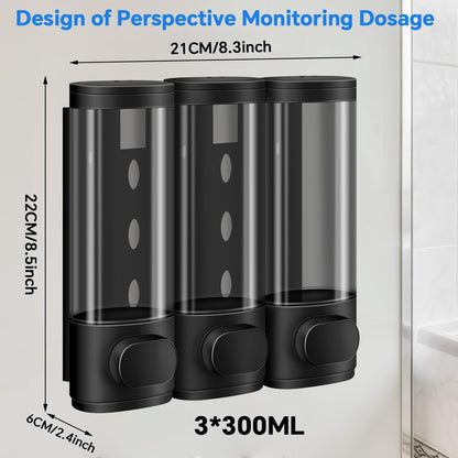 Volufia Shower Dispenser 3 Chamber No Drill, Shampoo Dispenser for Shower Wall, Shampoo and Conditioner Dispenser, Shower Soap Dispenser Bathroom 3x300ML, Black