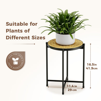 Bamworld Round Plant Stand Indoor Rattan Plant Pedestal Metal Modern Plant Table Shelf for Small Spaces Elegant Flower Holder for Patio Balcony Garden