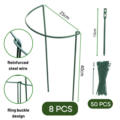 8 Pack Half Round Plant Support for Indoor Outdoor - 15.7", Durable Metal Plant Support Rings with Cuttable Plant Ties to Hold Up Plants Peony, Tomatoes, Hydrangea, Rose