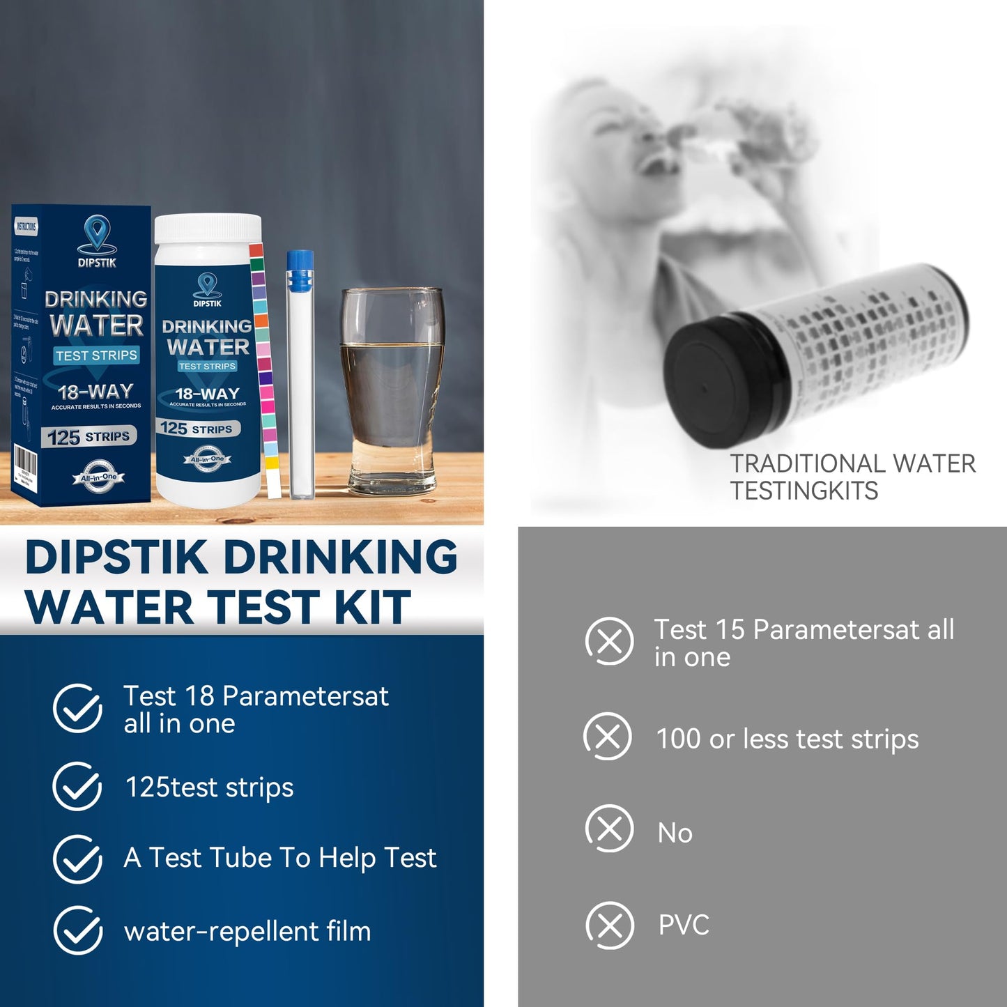 18 in 1 Home Drinking Water Test Kit-125 Water Quality Test Strips for Well Tap Test Kit,Water Testing Strips for Drinking Water Testing,Hardness,Alkaline,Chlorine, Lead,Iron, Copper,Fluoride