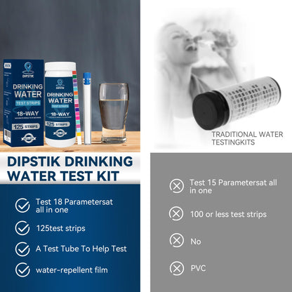 18 in 1 Home Drinking Water Test Kit-125 Water Quality Test Strips for Well Tap Test Kit,Water Testing Strips for Drinking Water Testing,Hardness,Alkaline,Chlorine, Lead,Iron, Copper,Fluoride