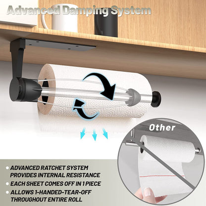VEHHE Paper Towel Holder with Ratchet System, Paper Towel Holder Under Cabinet with Damping Function, 2 Set Black Stainless Steel Papers Towels Holders