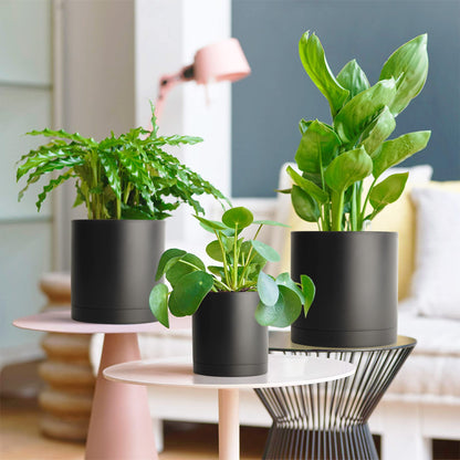 T4U 7/6/5/4 Inch Plastic Plant Pots with Saucer 4-Pack, Flower Planter Pot with Drainage Hole Black, Nursery Planting Pot for Snake Plant, African Violet and House Plants