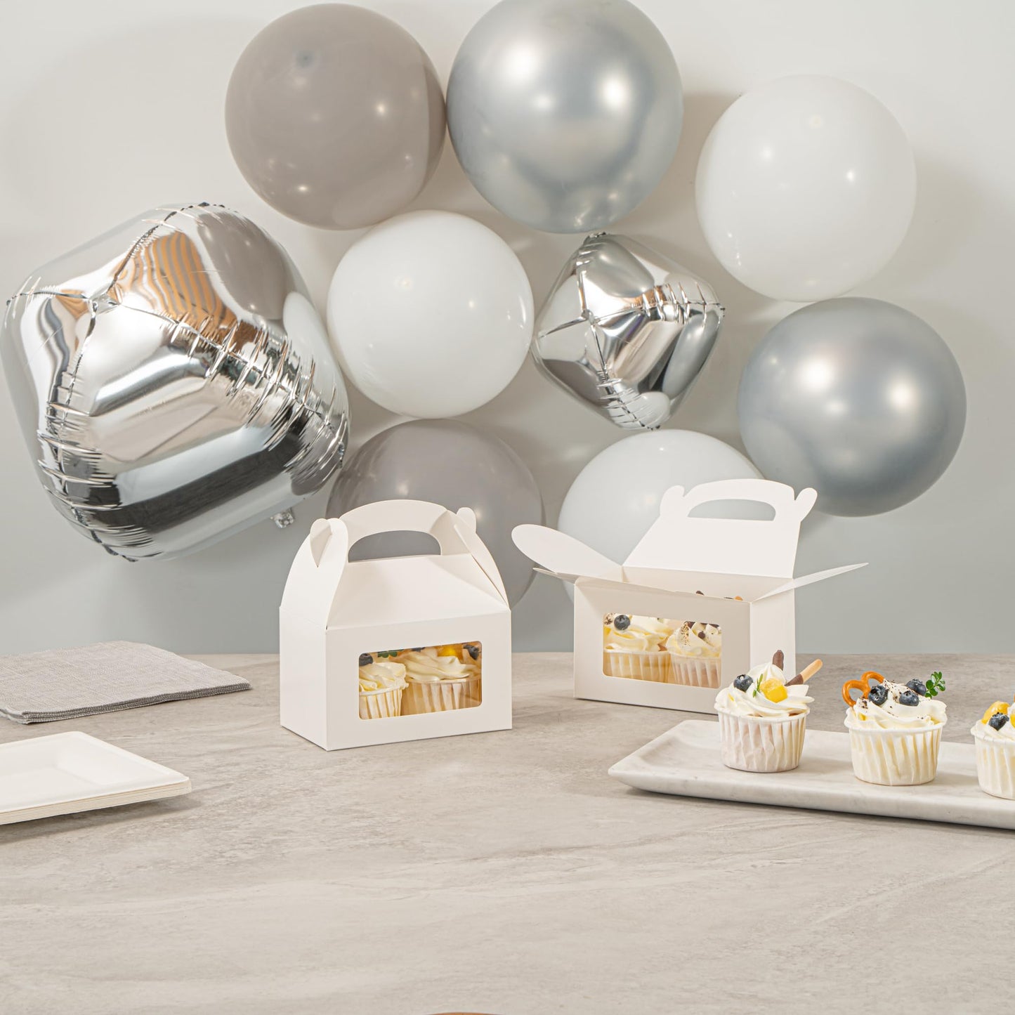 Restaurantware Gable Gift Boxes Pack of 100 Greaseproof Paper Treat Boxes 6 x 3.5 x 3.5 Inches With Window, Disposable Design White Containers for Weddings or Birthdays