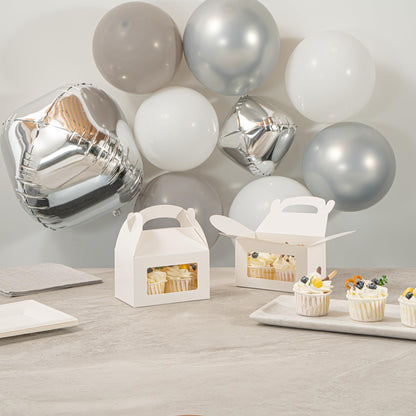 Restaurantware Gable Gift Boxes Pack of 100 Greaseproof Paper Treat Boxes 6 x 3.5 x 3.5 Inches With Window, Disposable Design White Containers for Weddings or Birthdays