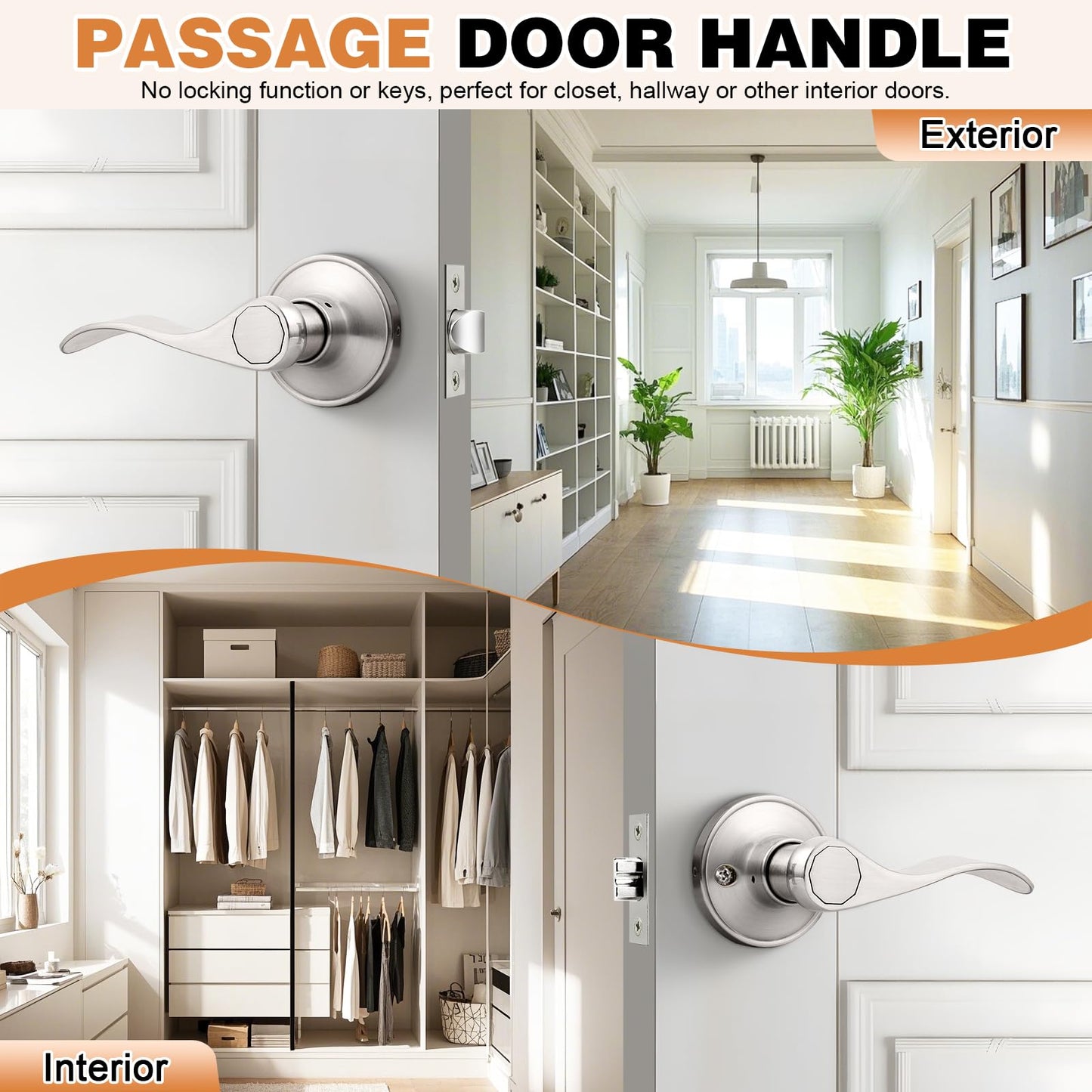 Probrico Interior Door Handles,Satin Nickel Passage Lever Door Handle for Closet Hallway Indoor Handles