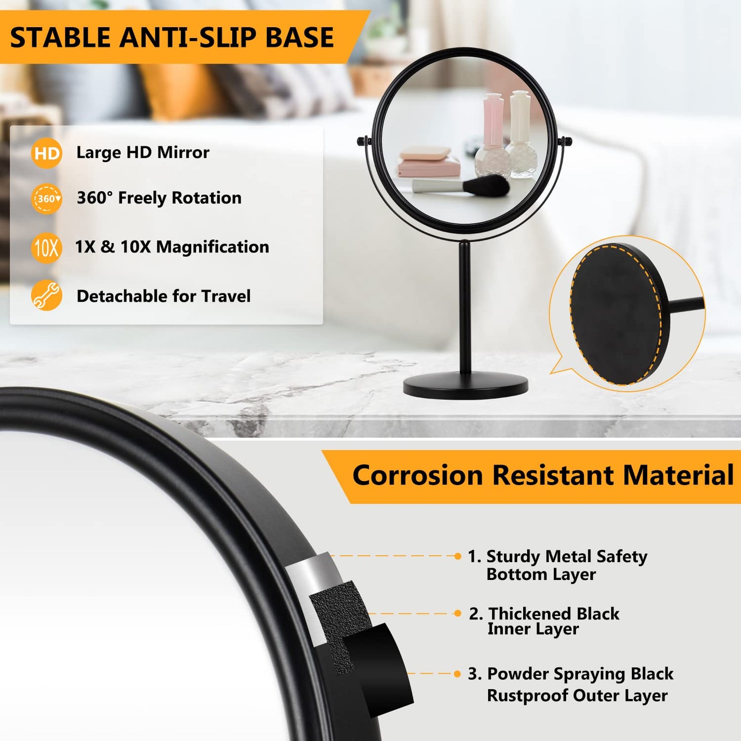 10x Magnifying Makeup Mirror, 8 Inch Tabletop Mirror Double Sided with Magnification, Swivel Make Up Mirror for Bathroom, Black ALHAKIN
