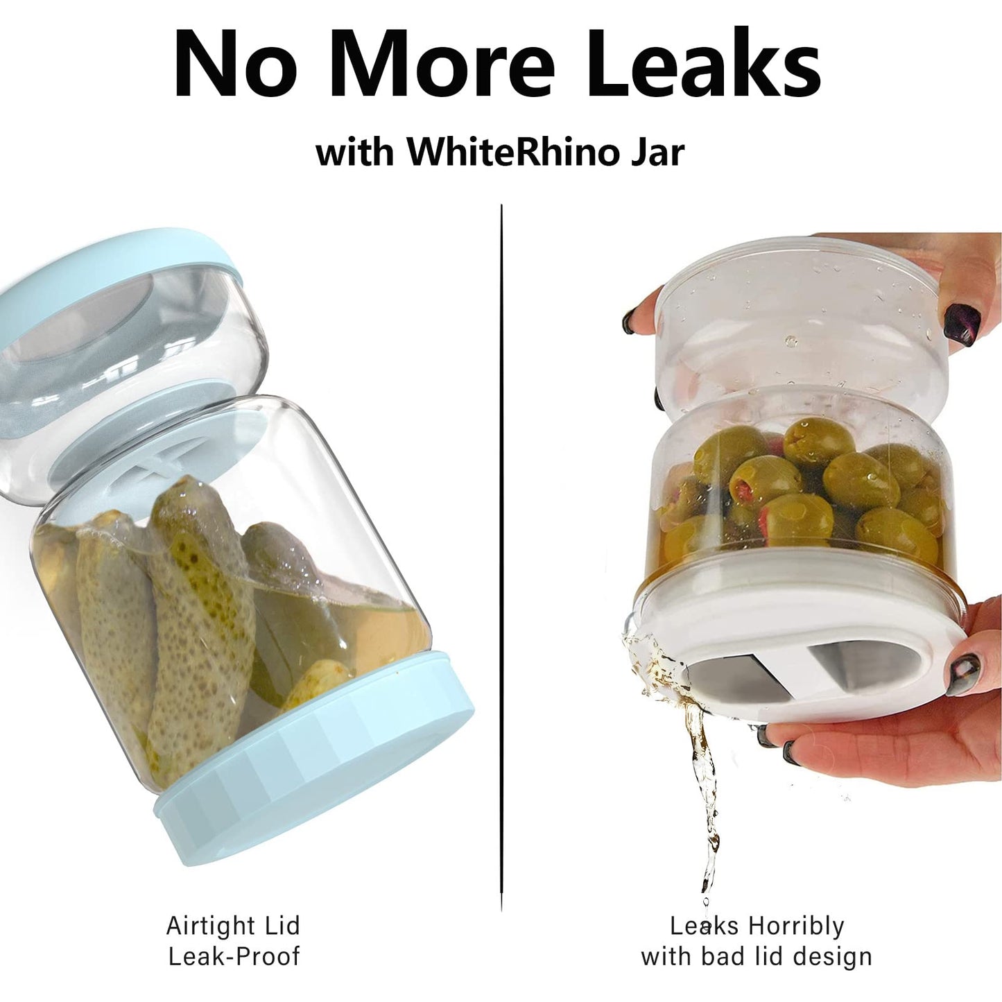WhiteRhino Glass Pickle Container with Strainer,Olive Hourglass Jar,Pickle Jar Upside Down Kimchi for Jalapenos,Leakproof Airtight Lids and Refrigerator Dishwasher Safe (Blue/34oz)