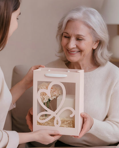 VAGREEZ Gift Bags with Window and Handles 15 Pack | Reusable, Transparent Heart Cutout Design, Medium Size, Bulk, Elegant Paper Gift Bags | Ideal for Party Favors, Wedding, Bridal Shower, Valentine’s Day, Mother's Day, Birthday And Special Occasions | Pin