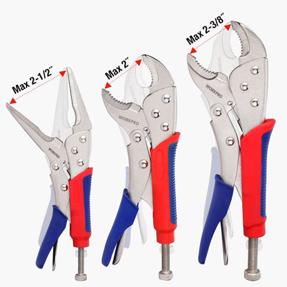 WORKPRO 3-Piece Locking Pliers Set, 10-inch Curved Jaw, 7-inch Curved Jaw and 6-1/2-inch Straight Jaw