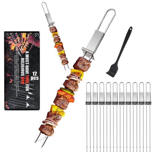 SHIKORI Kabob Skewers,13 inch Metal Skewers for Kabobs with Push Bar Skewers for Grilling Double Fork Anti-Roll Kebab skewers Stainless Steel Flat BBQ Skewers for Meat (12 Pcs)