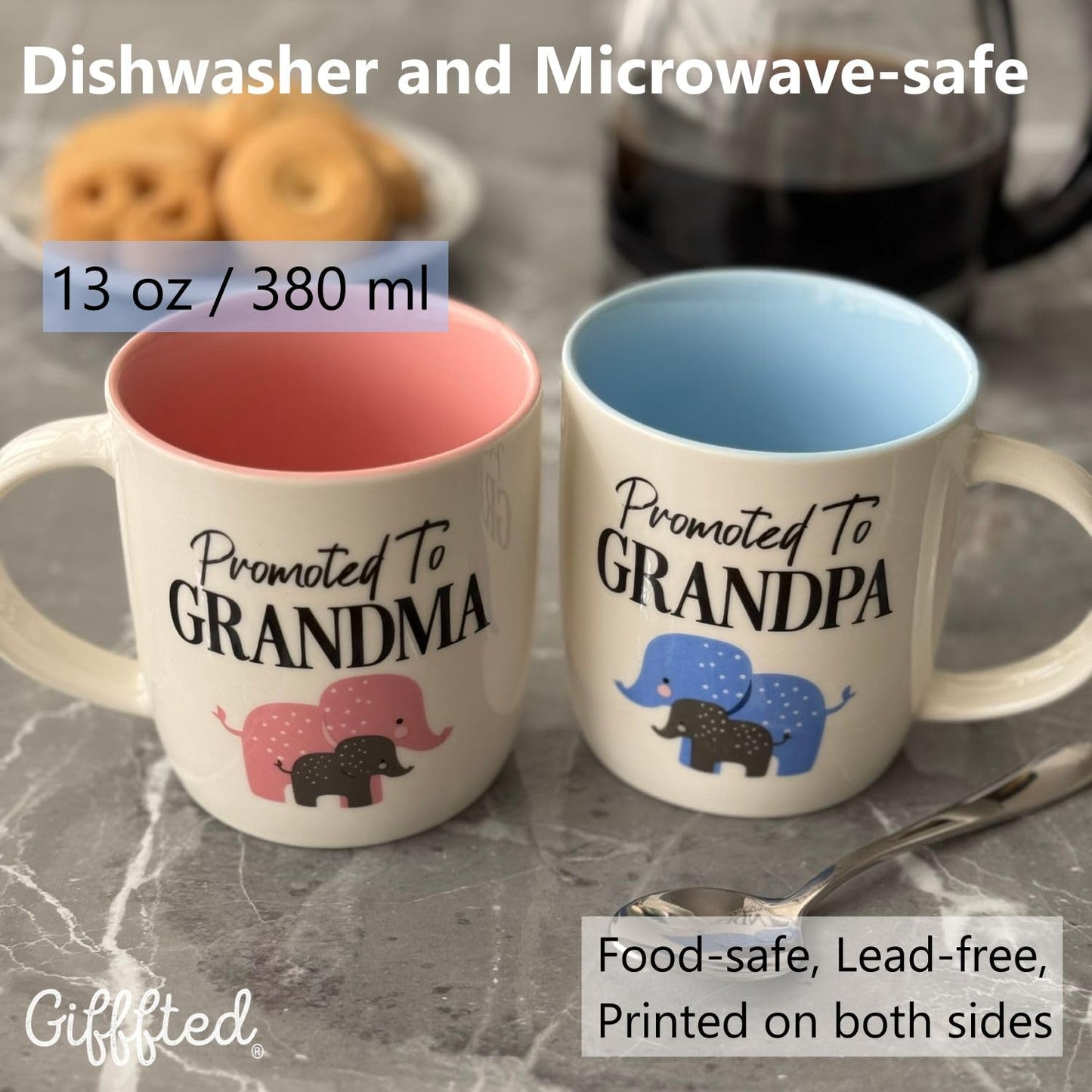 Triple Gifffted Promoted to Grandparents Coffee Mugs for New Best Grandma and Grandpa, Gifts Ideas First Time Grandparent Baby Reveal Pregnancy Announcement Christmas, Ceramic 13Oz
