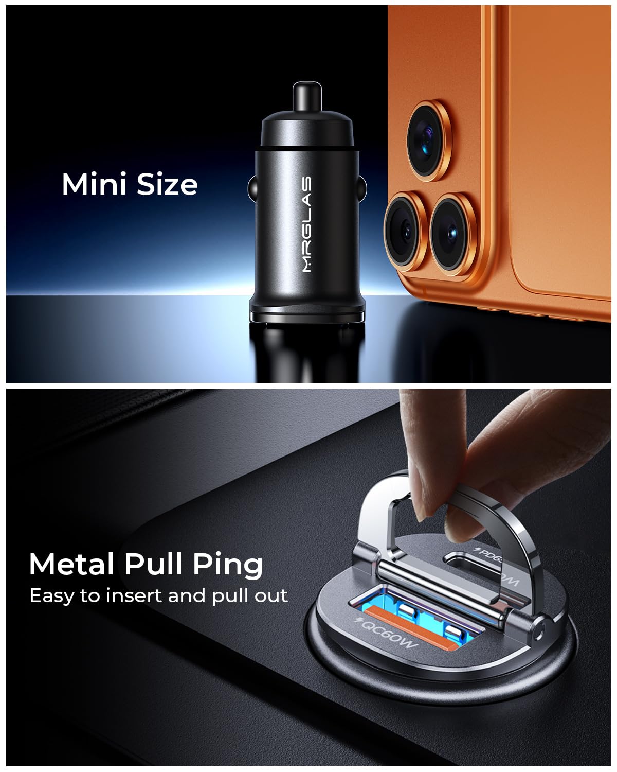 【Upgraded】 125W Car Charger USB C Super Fast Charging, [PD65W & QC60W][All Metal] MRGLAS Cigarette Lighter Car Charger, Car Accessories for iPhone 17 16 Pro Max Air iPad Samsung S25 Pixel 10