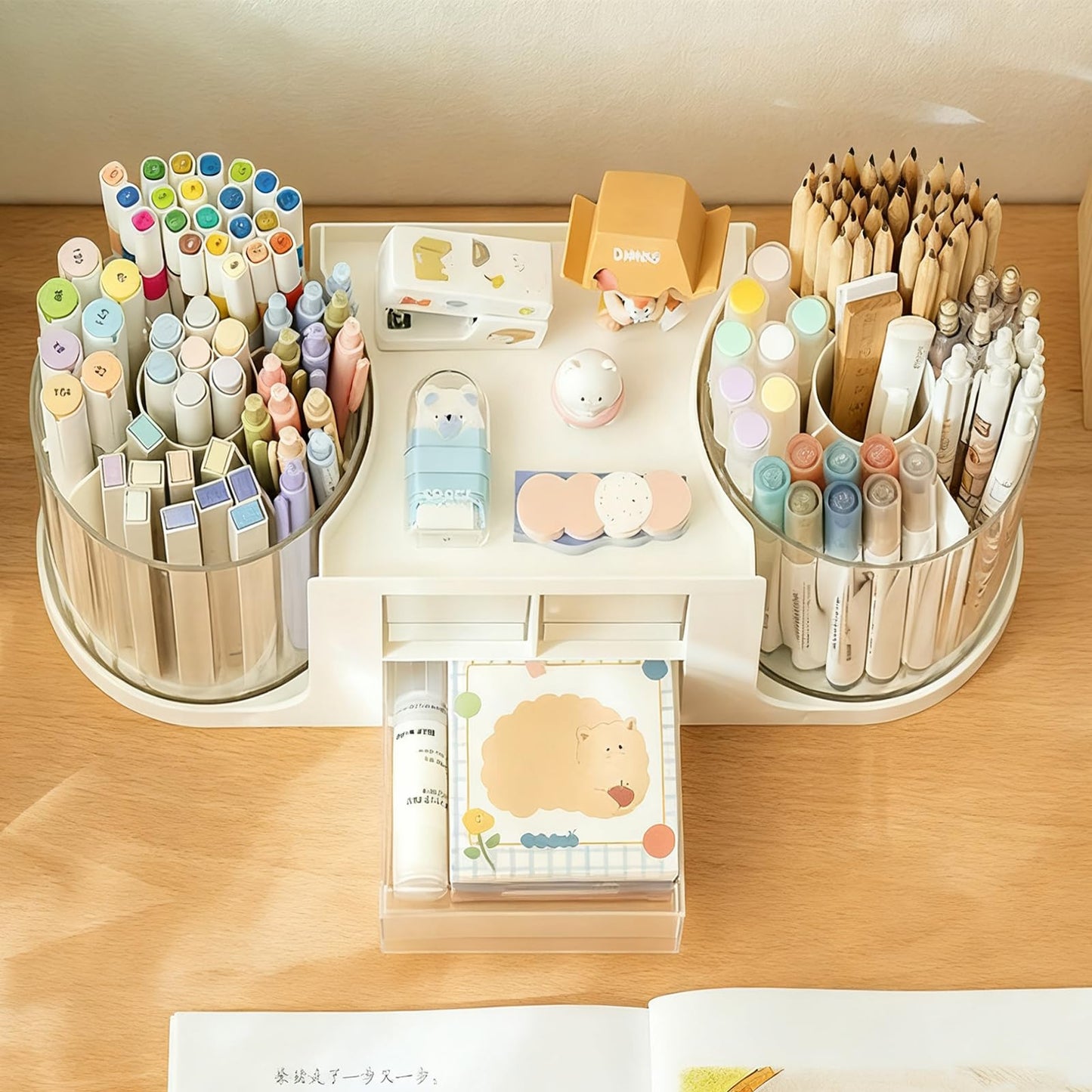 Desk Organizer with 360° Degree Rotating Pen Pencil Holder,Office Desk Organizers and Storage for Office School Home 10 Slots 3 Drawer Organizers 1 Top Storage Tray (White)
