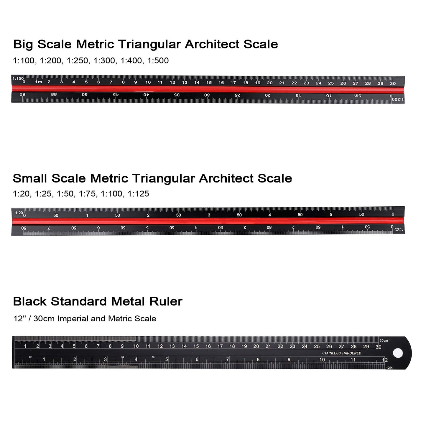 BTSKY 3 Pack 12 Inches Triangular Architectural Engineering Metric Scale Rulers with Standard Metric Conversion Ruler, Aluminum Scale Measuring Ruler Tool,Black with Red,Green,Blue
