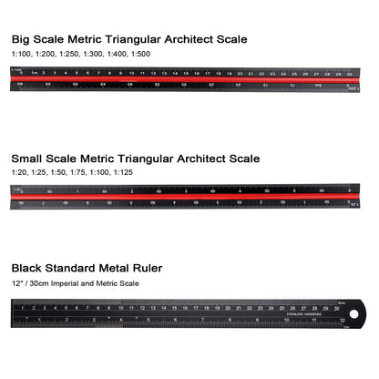 BTSKY 3 Pack 12 Inches Triangular Architectural Engineering Metric Scale Rulers with Standard Metric Conversion Ruler, Aluminum Scale Measuring Ruler Tool,Black with Red,Green,Blue