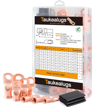 80PCS Battery Copper Terminal Connectors Cable Ring Lugs Kit, AWG6 4 2 1/0 Gauge 5/16 3/8 Crimp Wire Ends with Heat Shrink Tubing Assortment