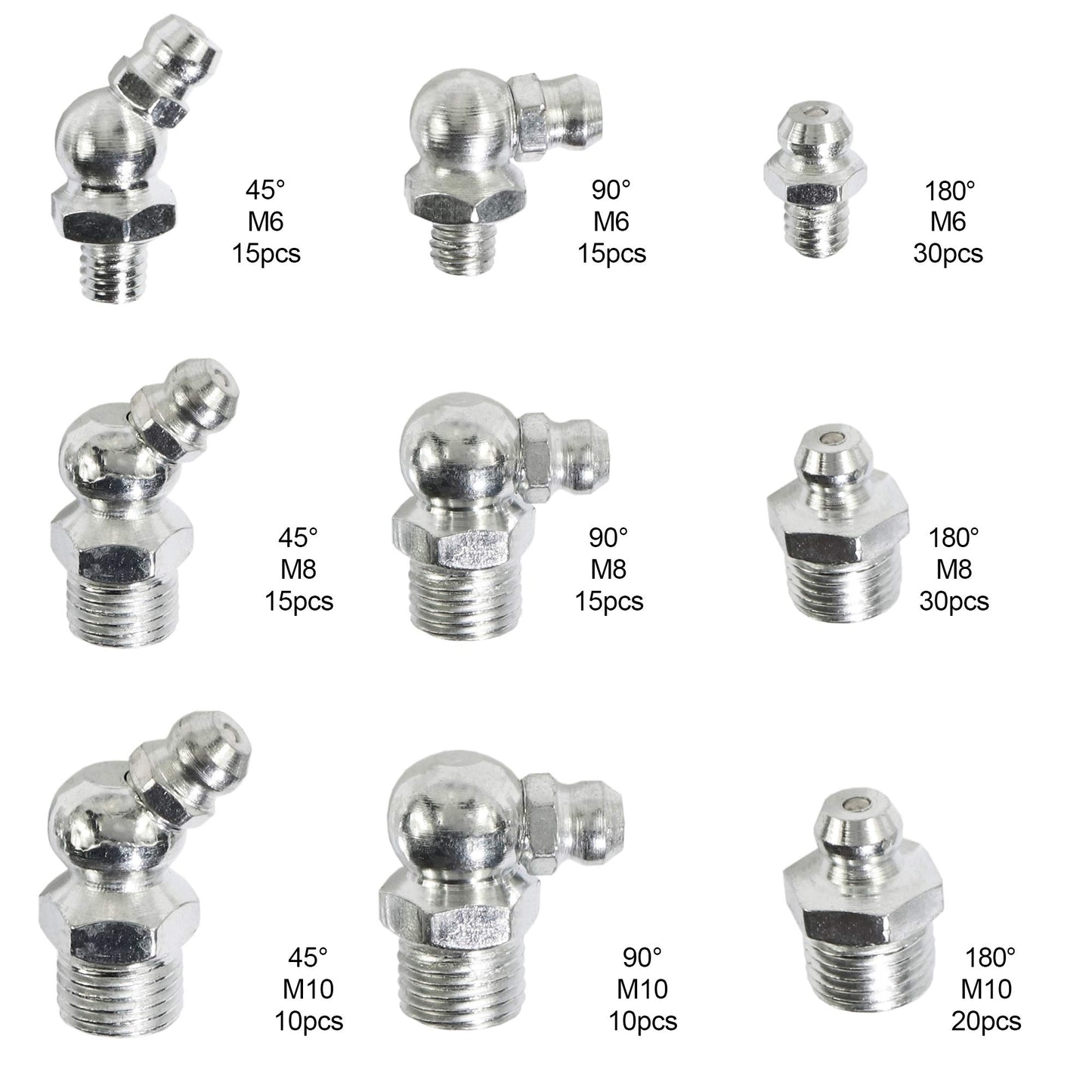 Taxutor 160-Pieces MM Metric Hydraulic Zerk Grease Fitting Assortment Set Kit - M6 M8 M10 Straight, 45 Degree, 90 Degree Angled Grease Zerk Fittings
