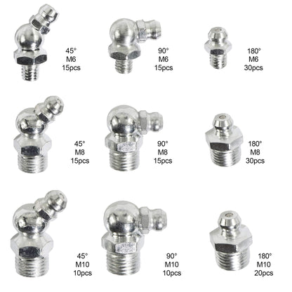 Taxutor 160-Pieces MM Metric Hydraulic Zerk Grease Fitting Assortment Set Kit - M6 M8 M10 Straight, 45 Degree, 90 Degree Angled Grease Zerk Fittings