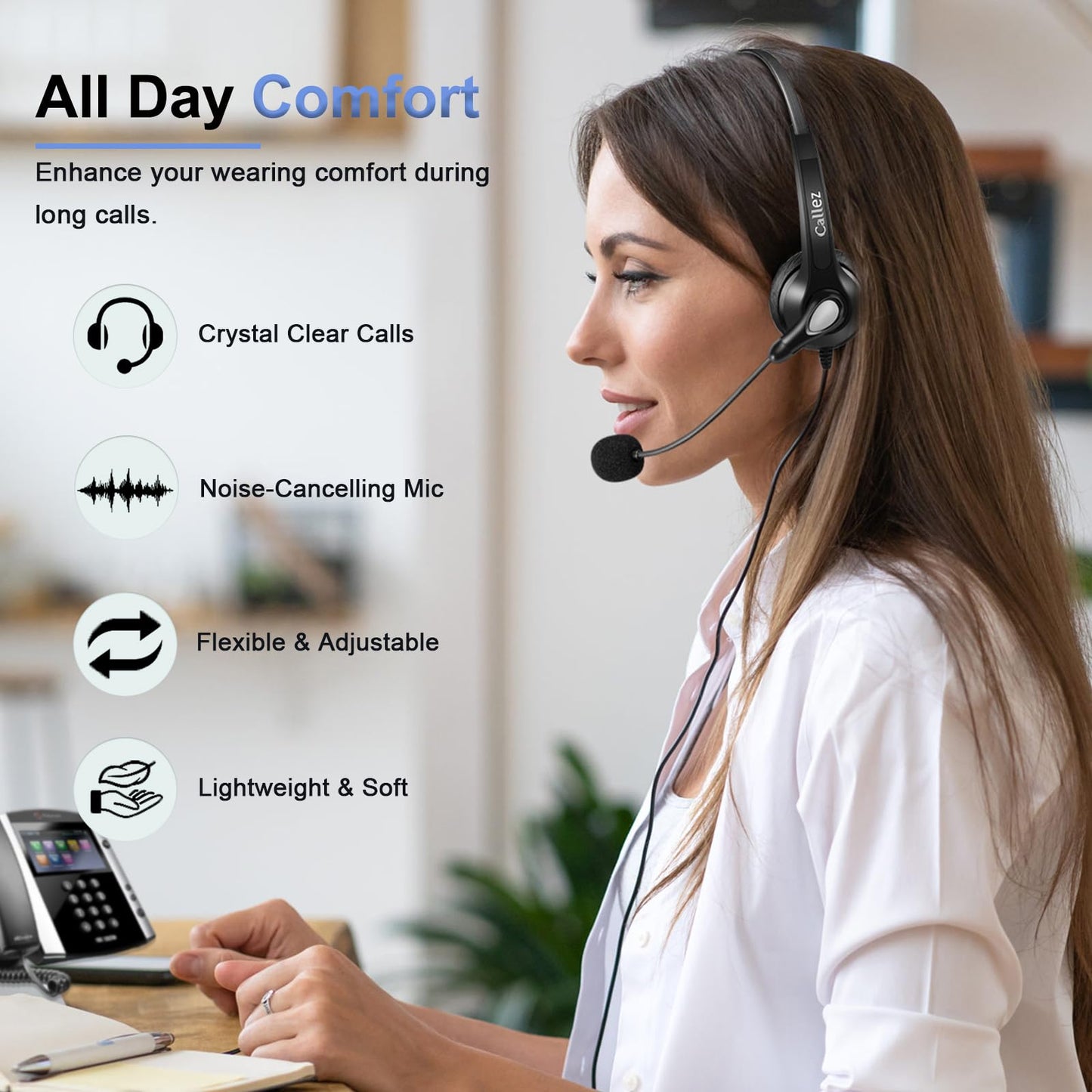 Callez Corded Telephone Headset for Polycom Office Phone with Noise Cancelling Mic, RJ9 Mono Phone Headset Compatible with Polycom Plantronics Avaya ShoreTel Digium Landline Deskphones