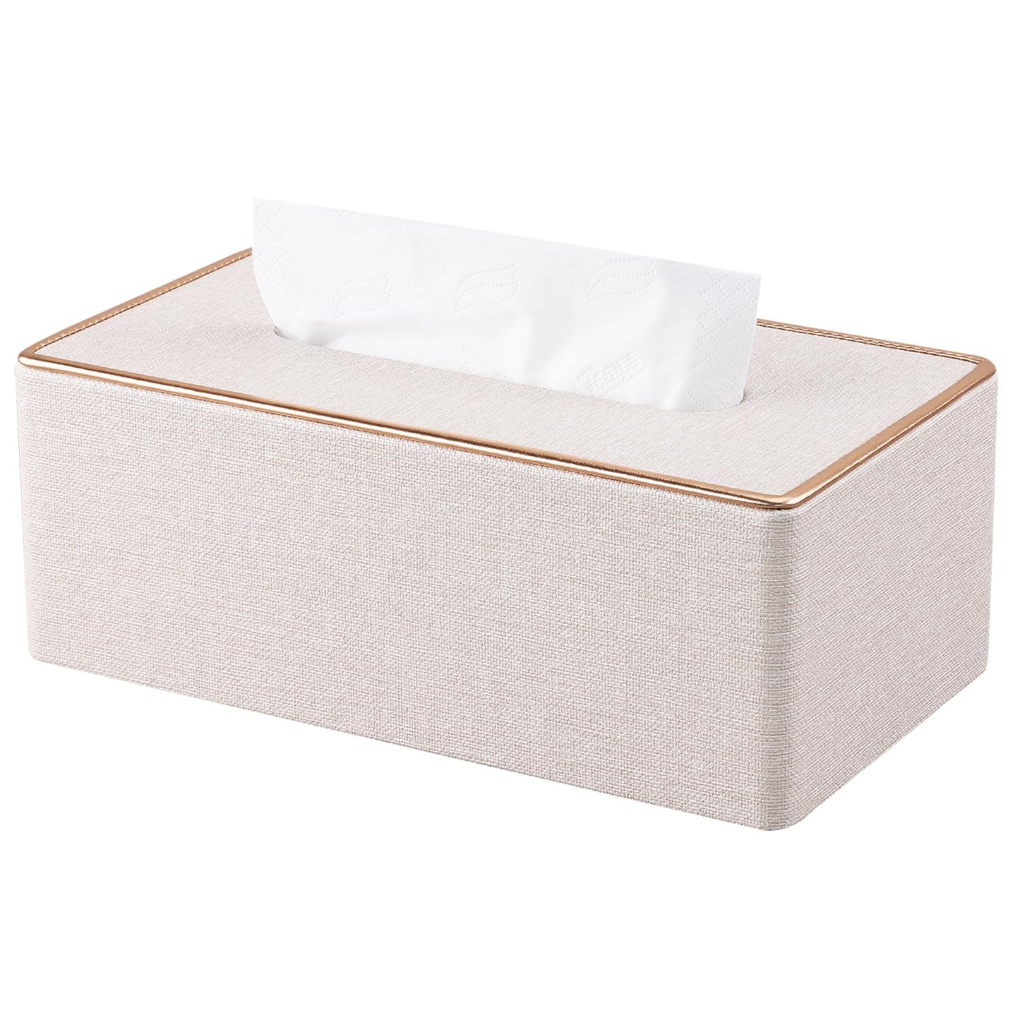 KINGFOM Rectangular PU Leather Tissue Box Holder, Facial Tissue Case Napkin Dispenser for Home Office Car Automotive Decoration with Gold Line(Pearl White-L)