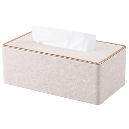 KINGFOM Rectangular PU Leather Tissue Box Holder, Facial Tissue Case Napkin Dispenser for Home Office Car Automotive Decoration with Gold Line(Pearl White-L)
