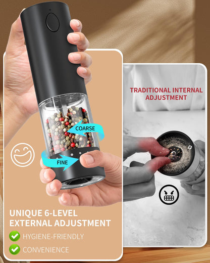 CIRCLE JOY Electric Black Pepper Grinder Rechargeable Pepper Mill Grinder with 6 Levels External Adjustable Coarseness, 95ml Large Capacity, White LED Light, USB Cable